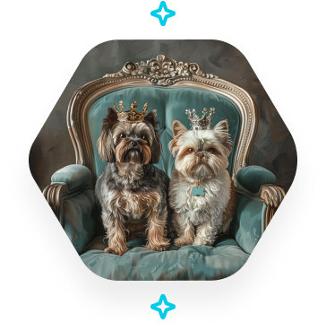 Dogs wearing crowns in a chair